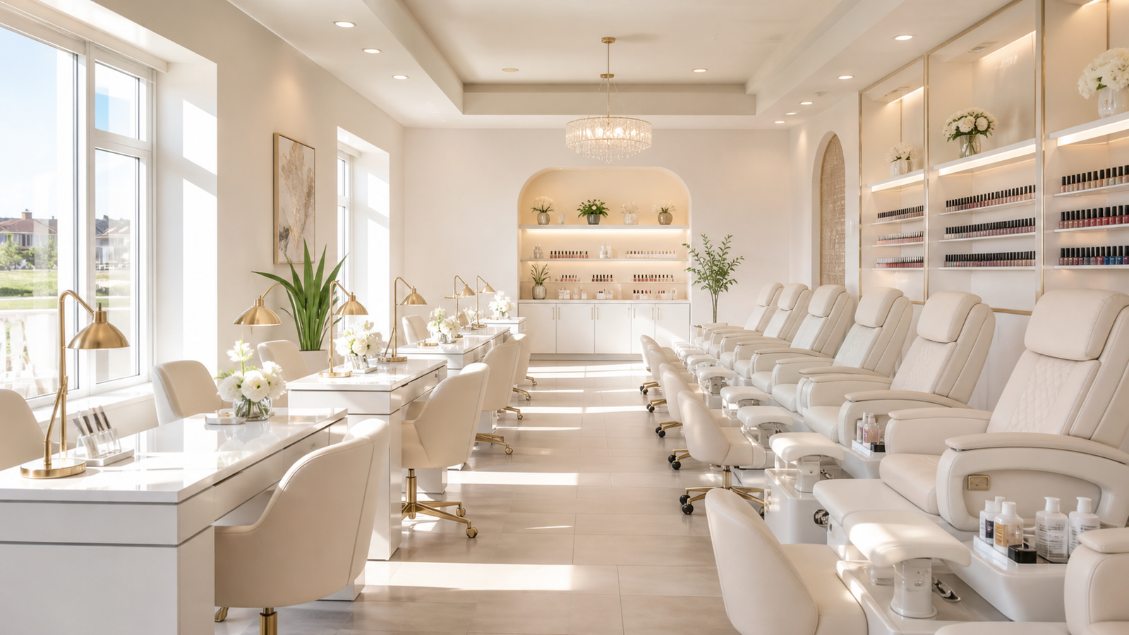 Bright manicure and pedicure stations at Sparkly Nails & Spa